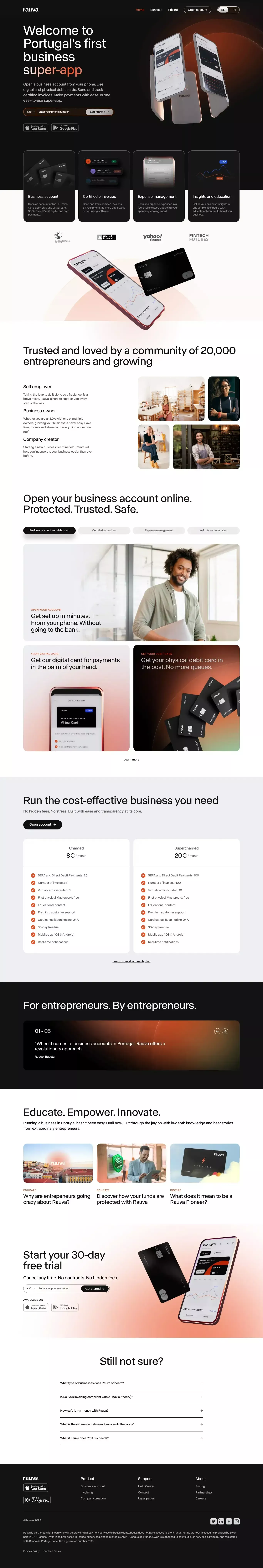 Rauva landing page screenshot showcasing Tech and Finance design