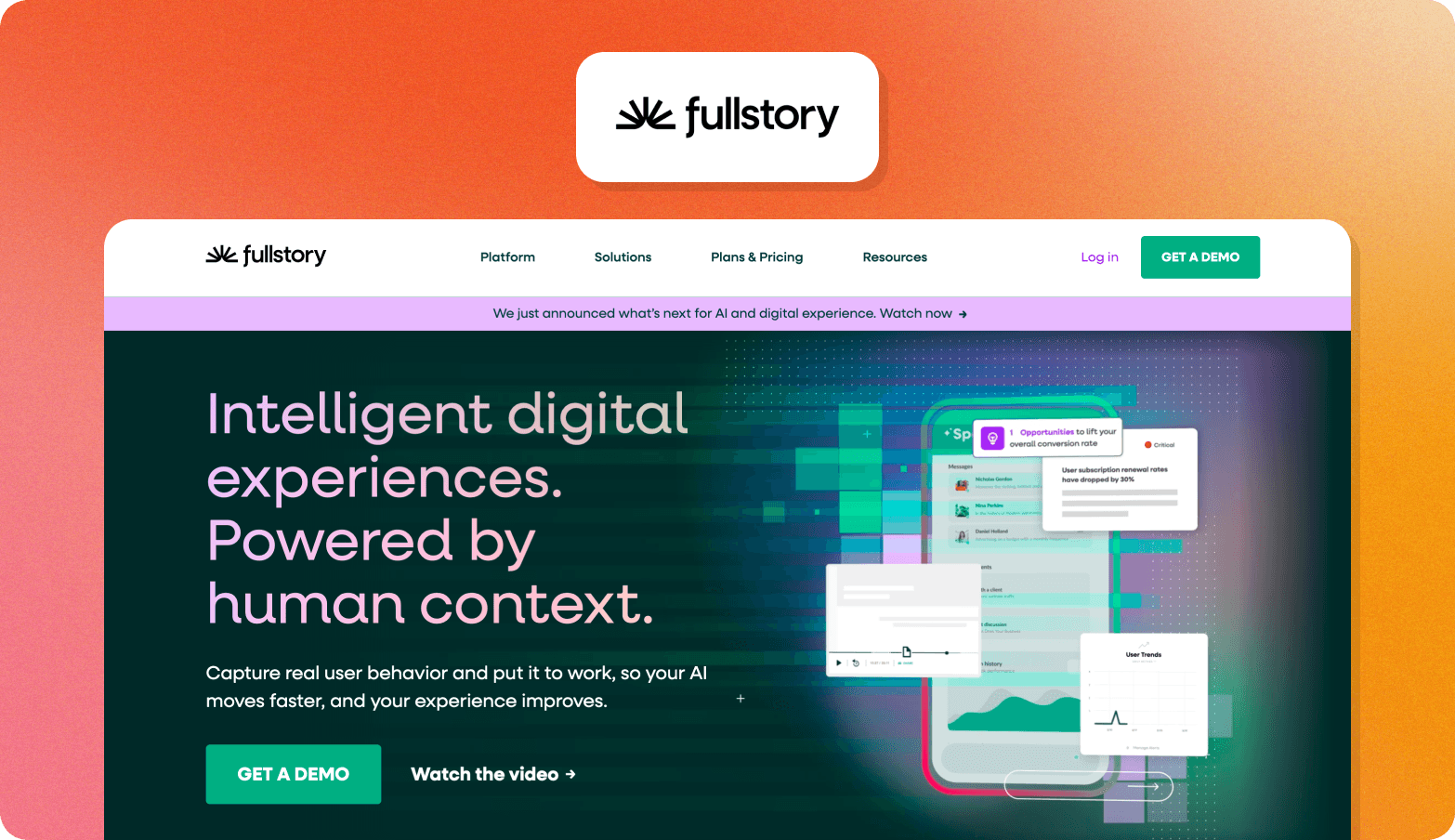 Screenshot of the Fullstory website homepage with the headline "Intelligent digital experiences. Powered by human context," showing dashboard cards for conversion opportunities and user trends.