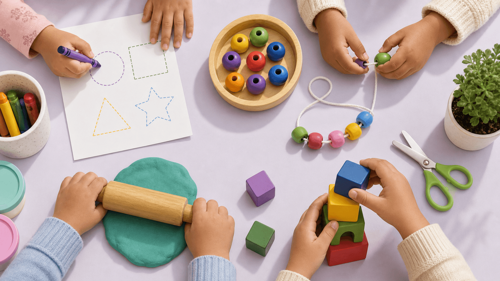 Children practicing fine motor skills with tracing paper, beads, blocks, and child-safe scissors.