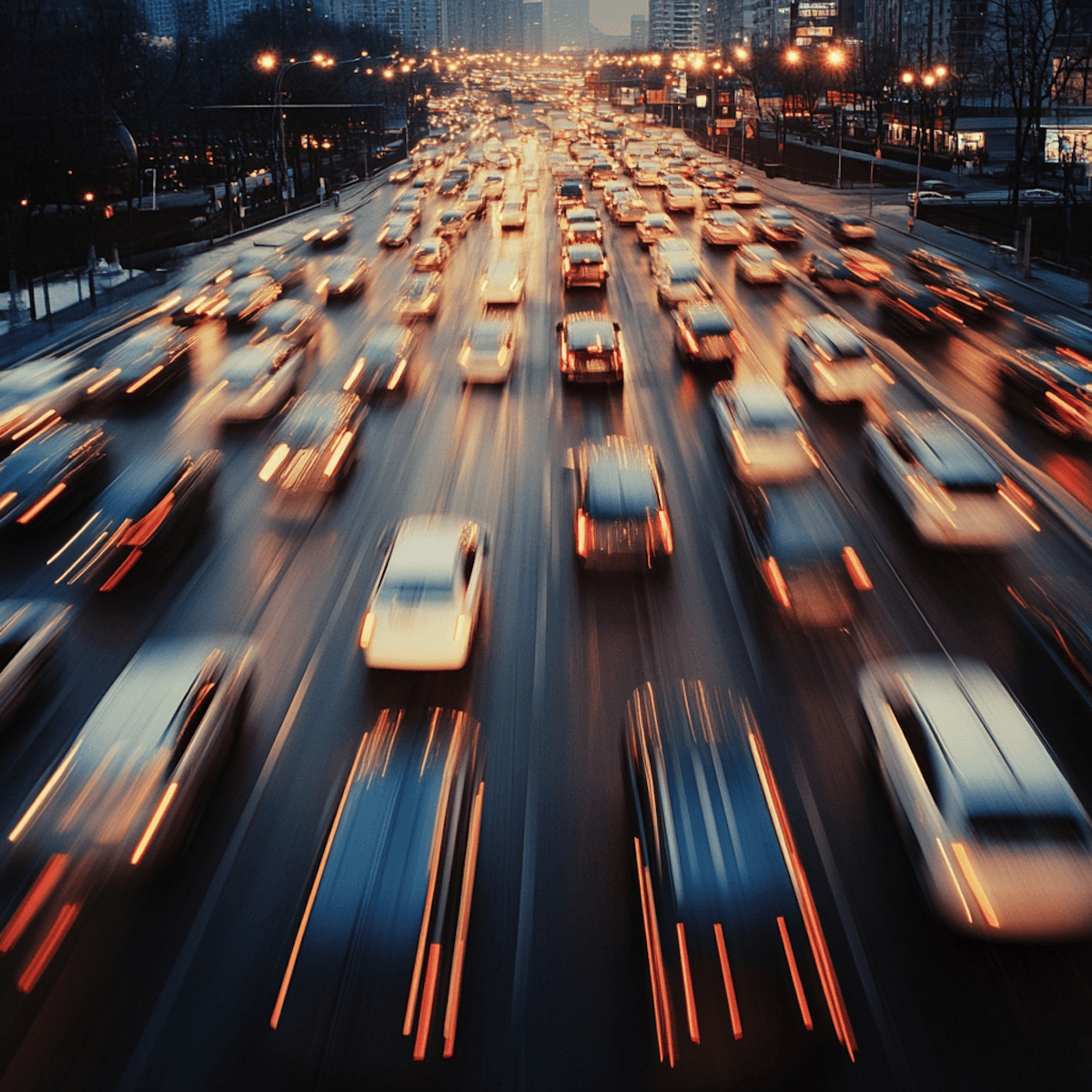 Aerial view of a busy city highway at dusk, with numerous cars creating a stream of lights.