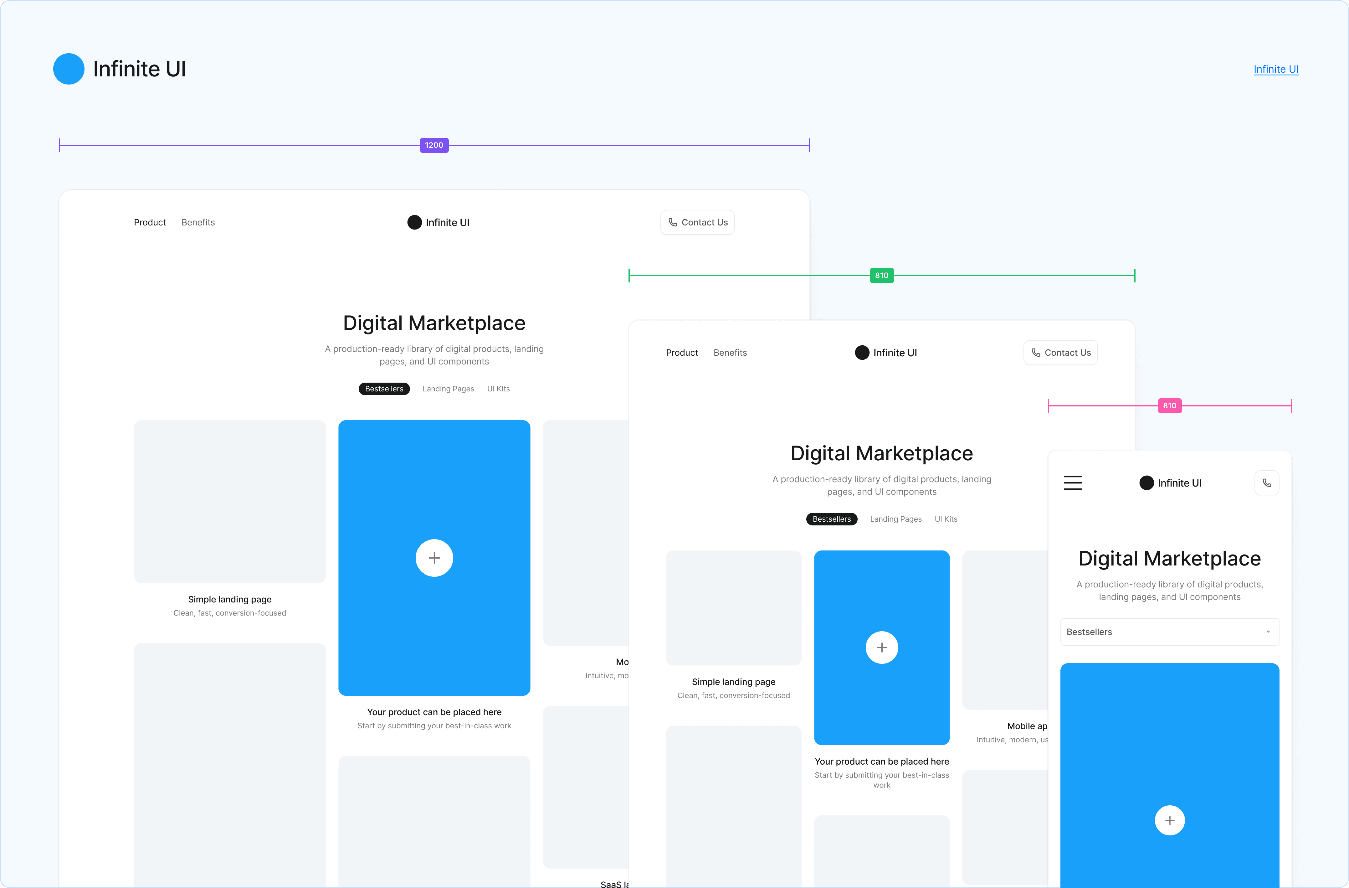 A visual demonstration of responsive design breakpoints for a digital marketplace landing page, showing layout shifts across desktop (1200px), tablet (810px), and mobile widths