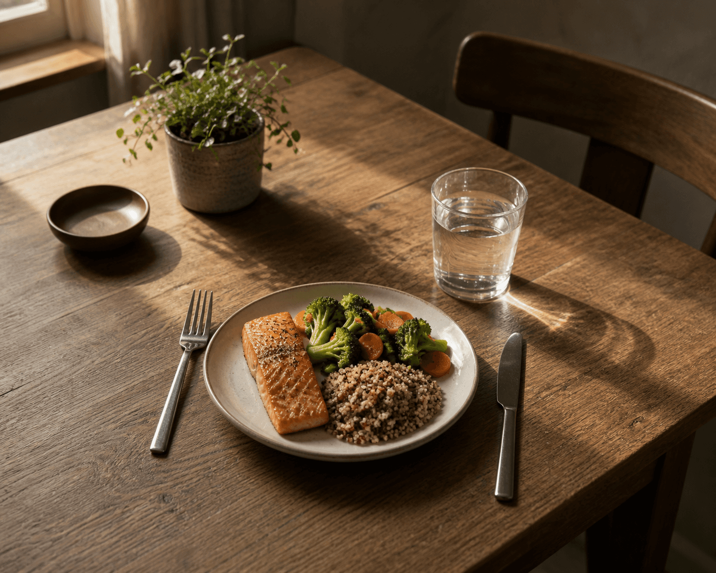 Small balanced plate representing mindful eating habits built during GLP-1 medication treatment