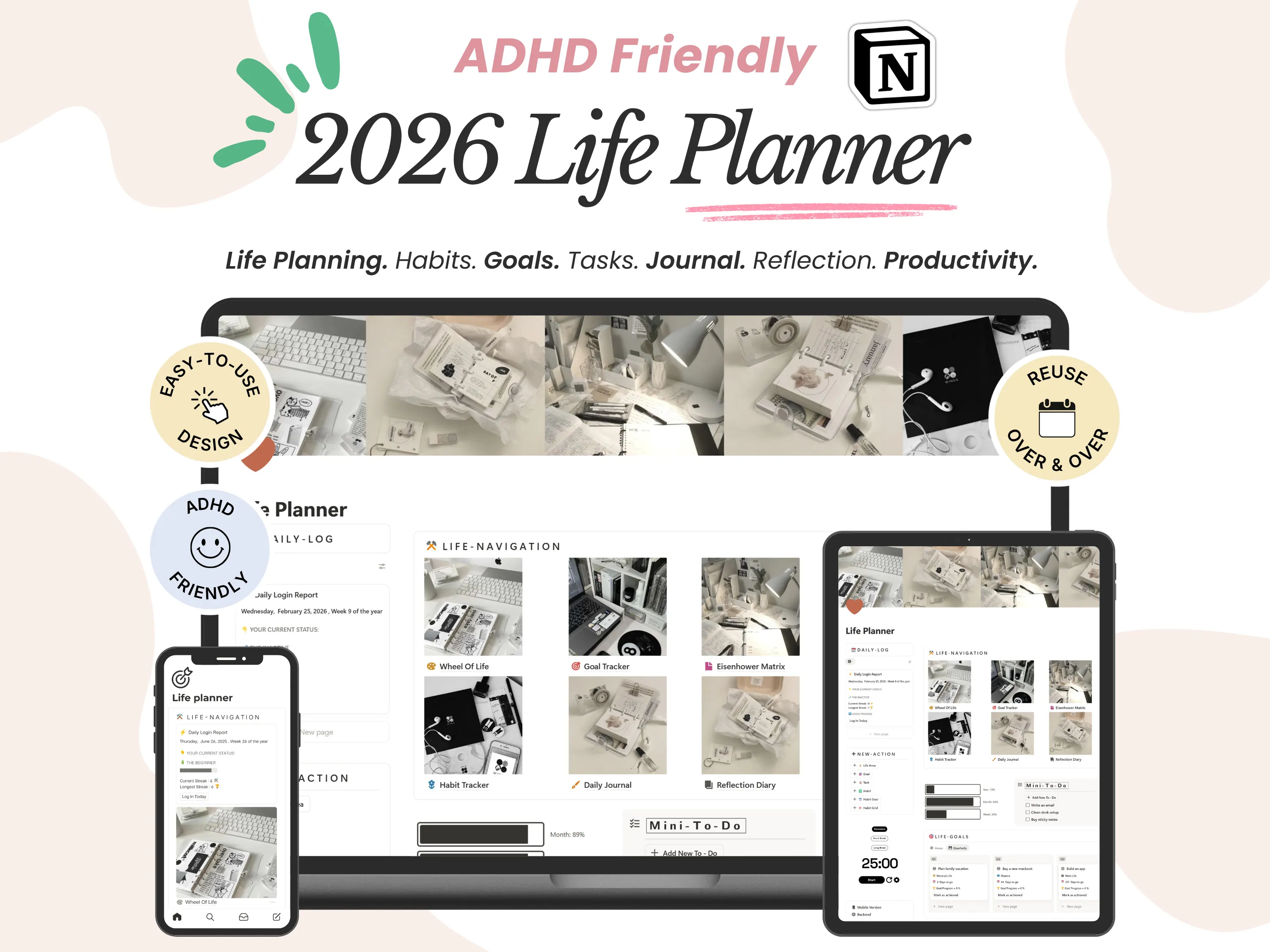 Aesthetic 2026 Notion life planner template on laptop, tablet and phone, ADHD friendly and reusable every year