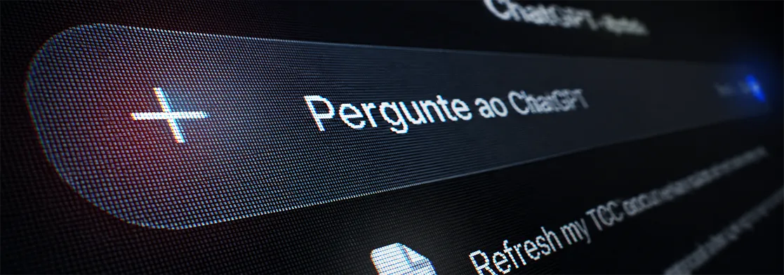 Close de uma tela digital exibindo uma barra de pesquisa com o texto 'Pergunte ao ChatGPT