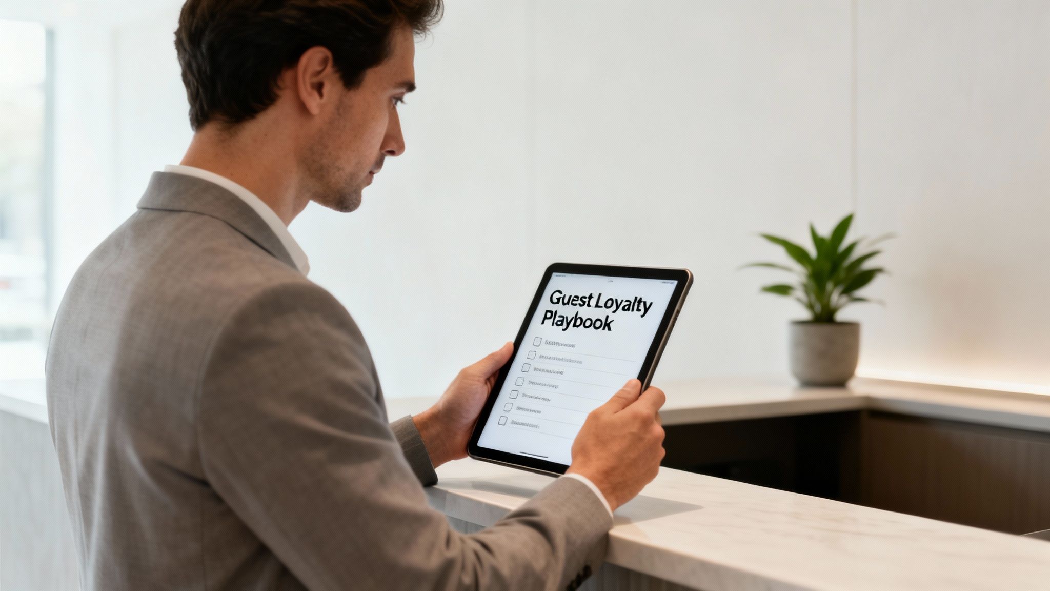 A man in a suit reviews a 'Guest Loyalty Playbook' on a tablet in a modern office.