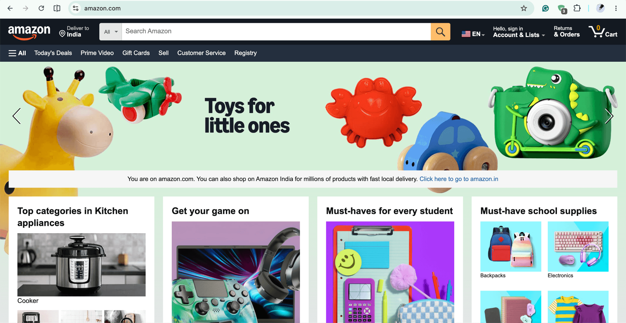 Amazon India homepage displaying personalized product categories and recommendations.