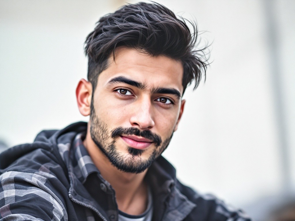 A young man with dark hair and a beard smiles slightly at the camera.