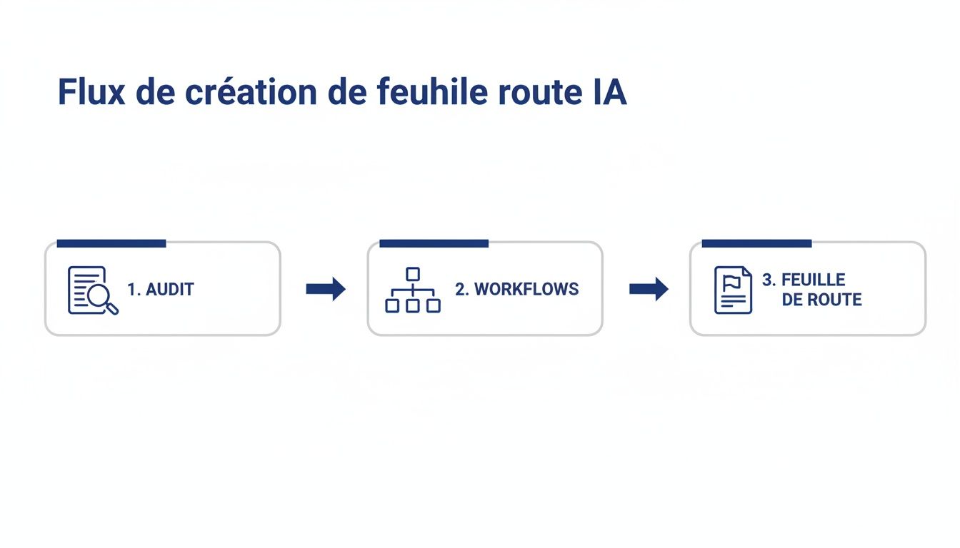 Diagramme de flux montrant les trois étapes de création d'une feuille de route IA : Audit, Workflows et Feuille de route.