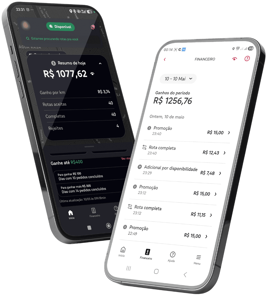 App EntreGô: resumo de ganhos e extrato financeiro do entregador