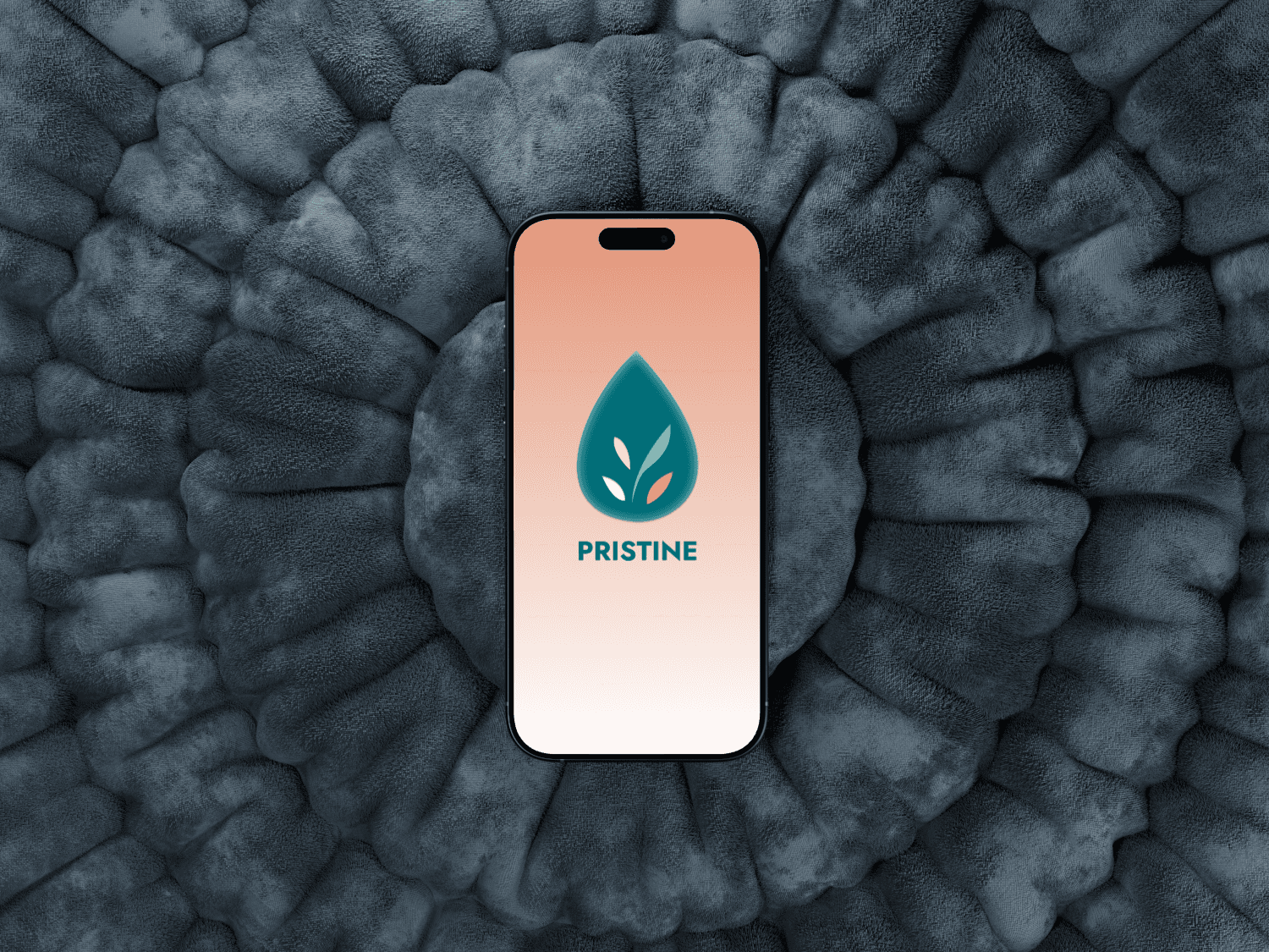 Smartphone showing the Pristine app logo, a green water drop with a leaf. Promoting health & wellness.