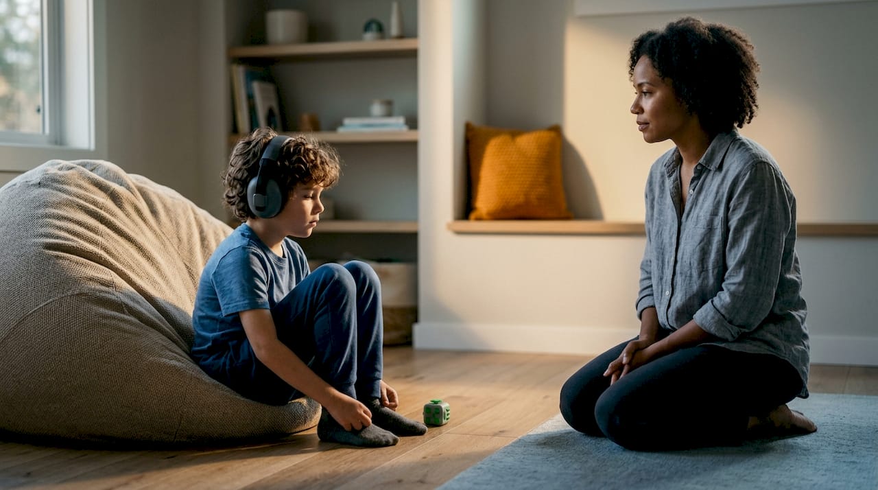 A caregiver giving a child quiet, calm space in a low-stimulation corner