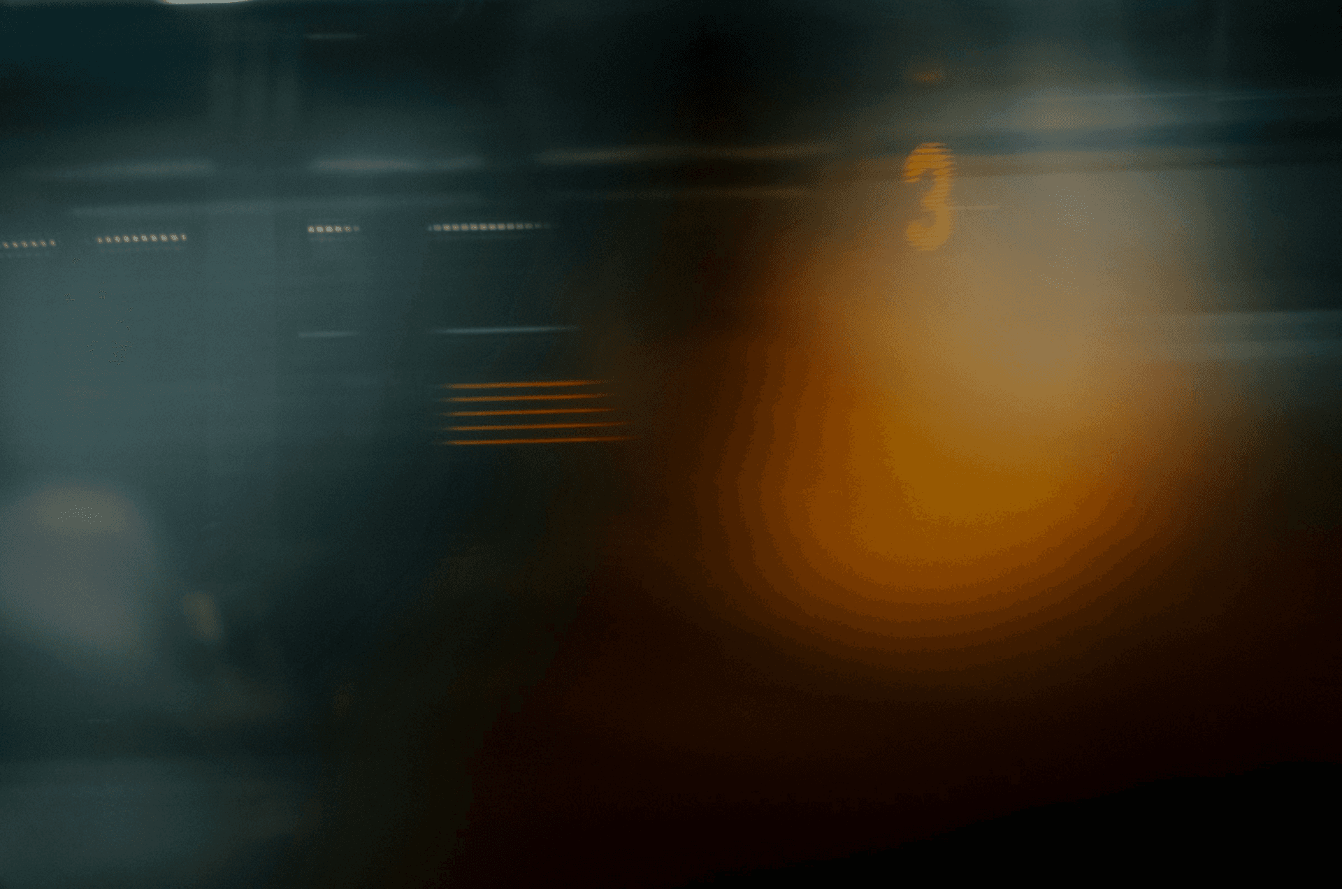 Abstract blurred digital interface with dark green background, glowing number 3, and orange light streaks suggesting motion