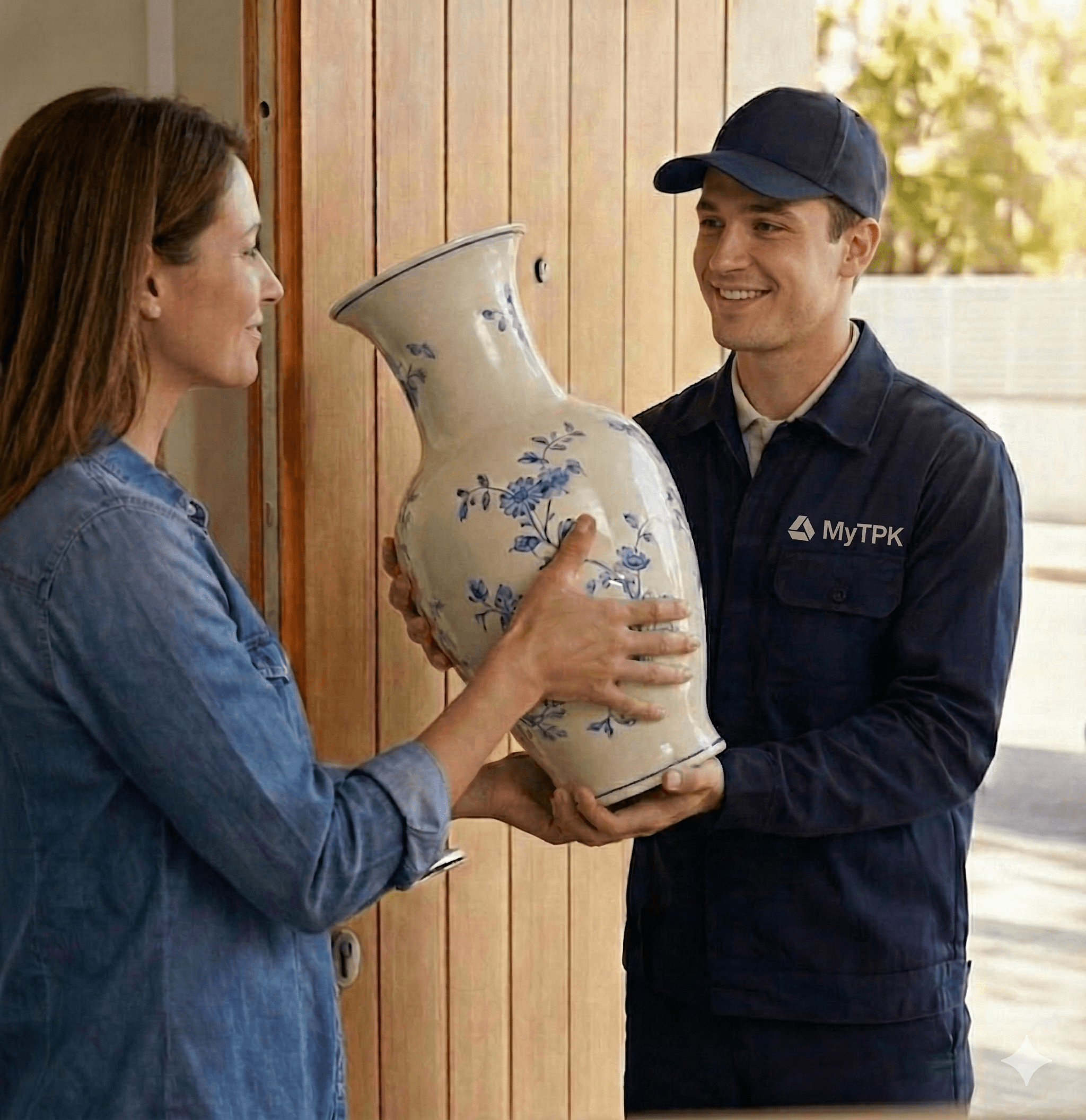 Le livreur de mytpk remet un vase fragile
