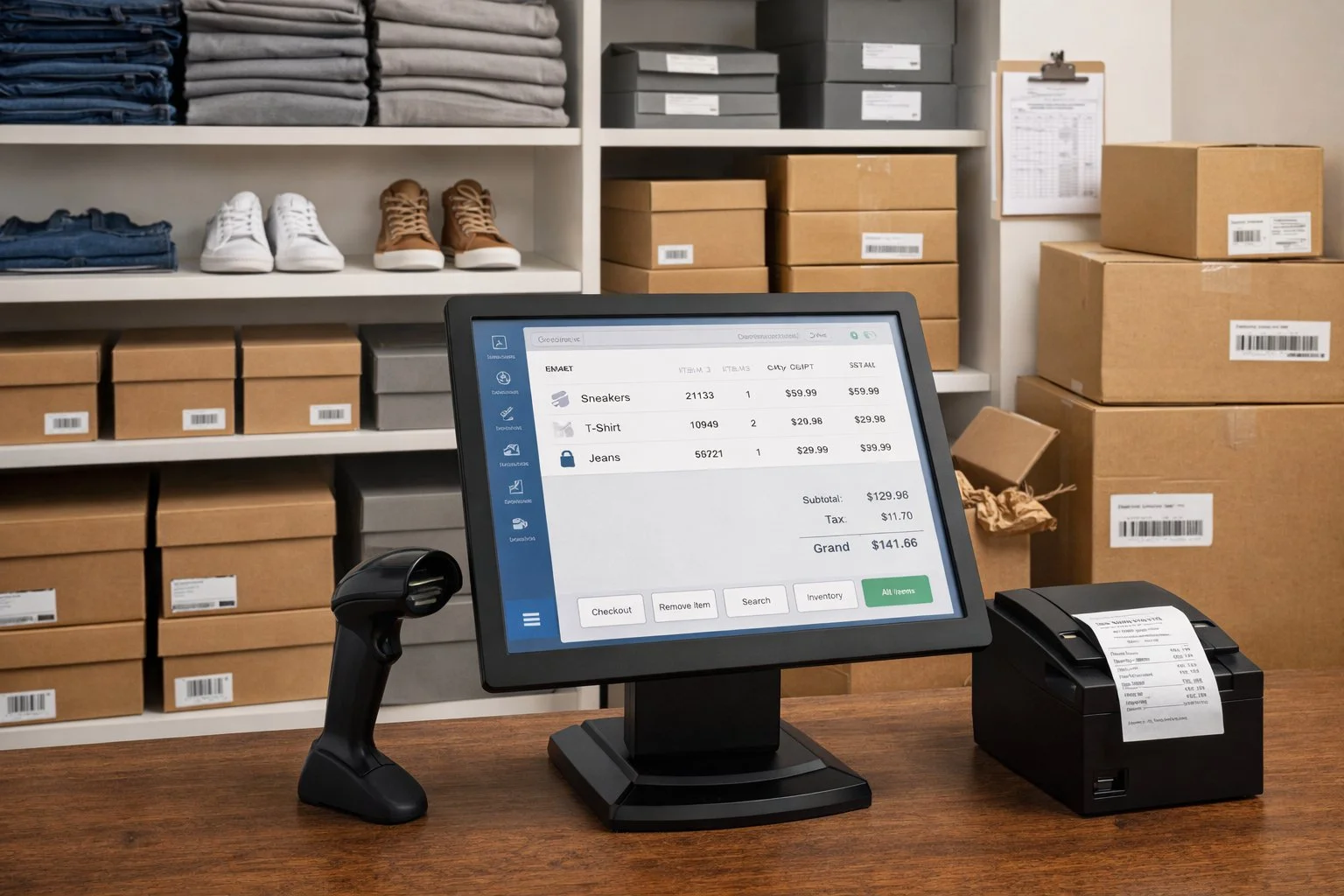 Retail workspace with store shelves, a point-of-sale screen, and inventory boxes arranged for daily operations.