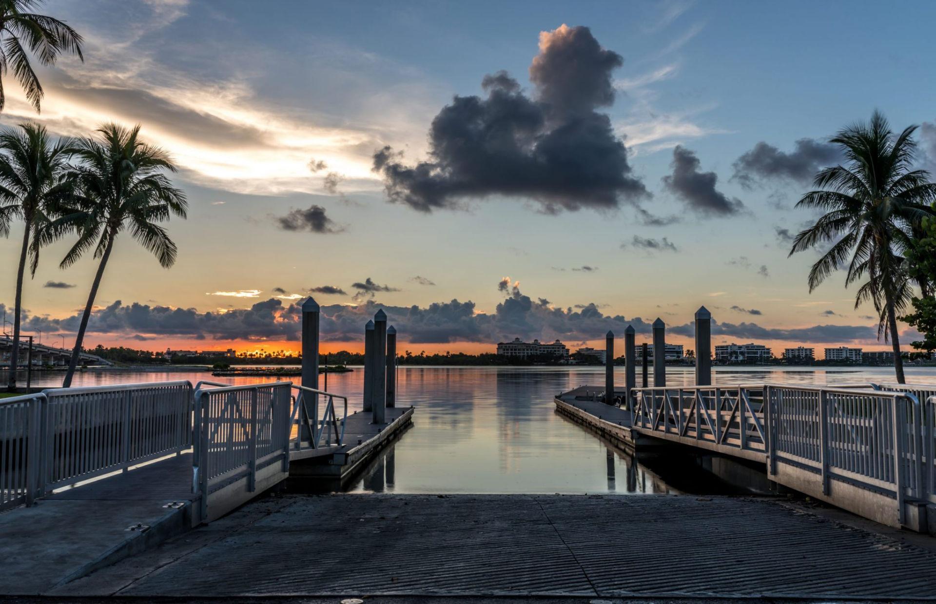 Kayak launch area at Bryant Park overlooking calm water in Lake Worth, Florida