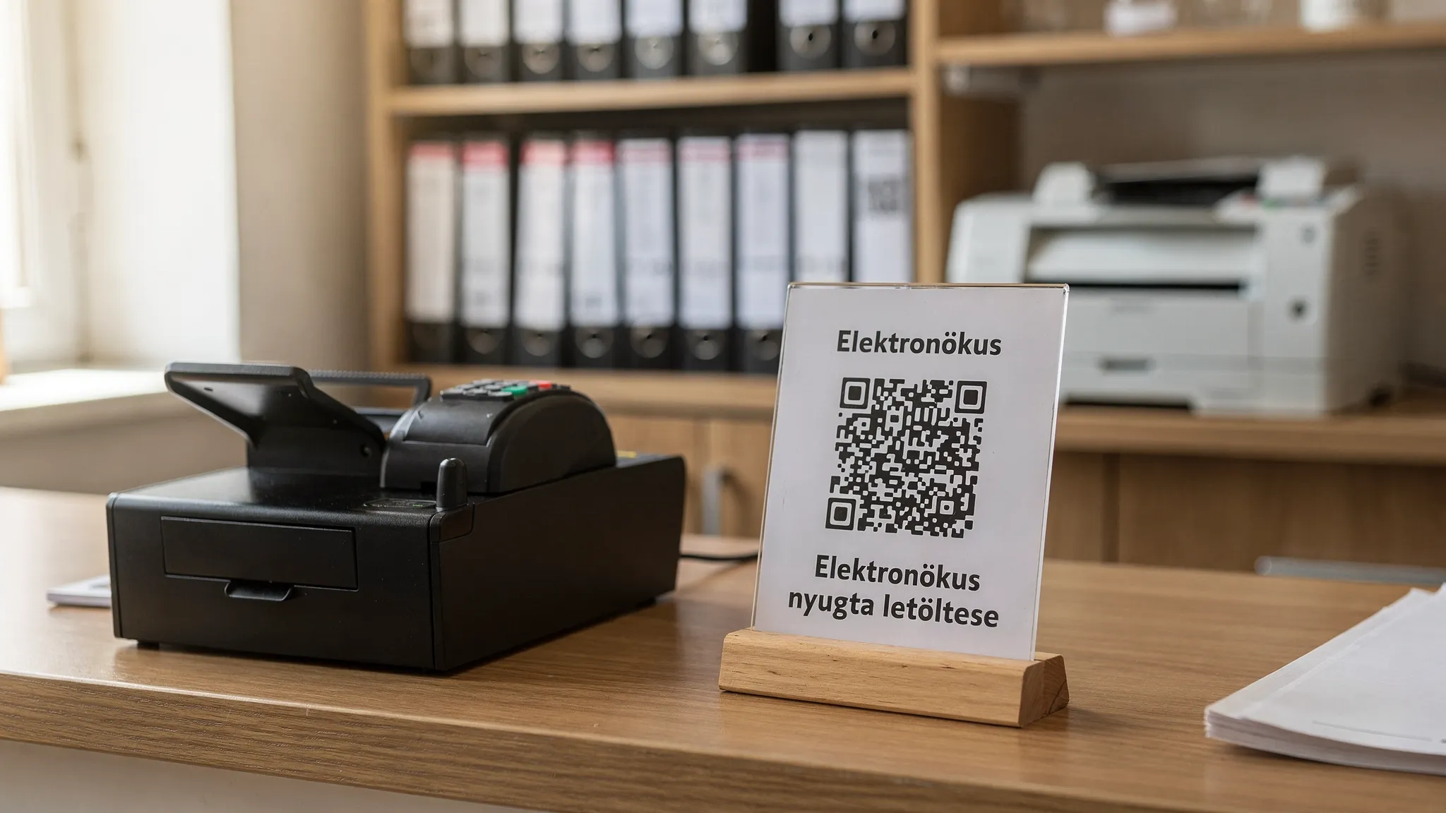 Egy kis üzlet pultja, a kassza mellett jól látható QR-kódos tábla „Elektronikus nyugta letöltése” felirattal, a háttérben rendezett adminisztrációs mappa és egy nyomtató mint tartalék.