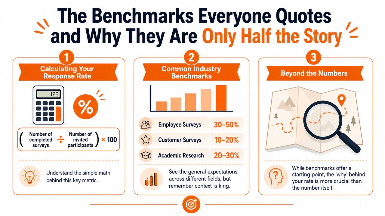 An infographic explaining how to calculate and contextualize survey response rates for different industries.