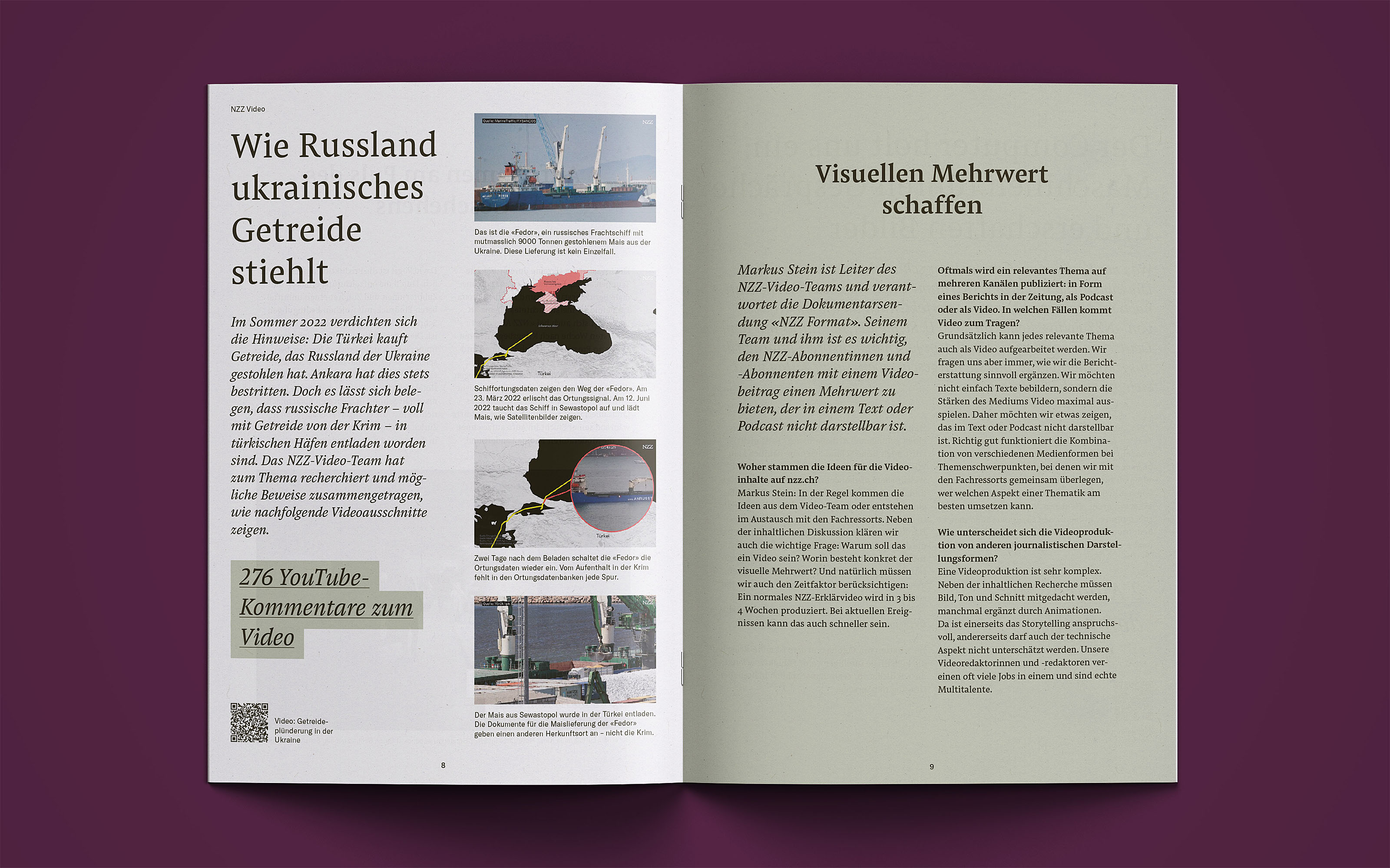 Ein Bericht ist aufgeschlagen. Man sieht das Layout mit Bildern und Text.