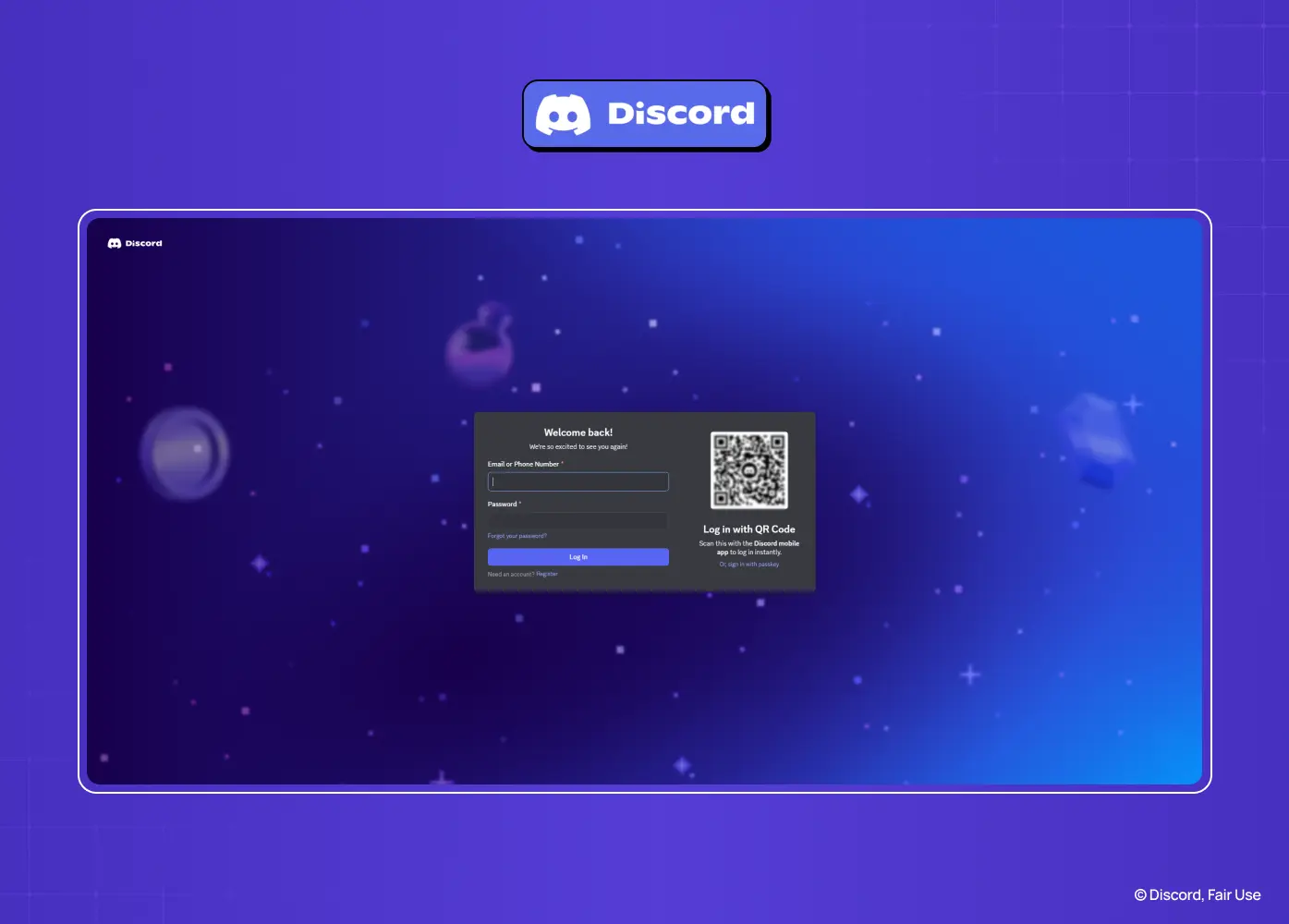 Discord login page featuring email and password fields alongside QR code authentication for fast device sign-in.