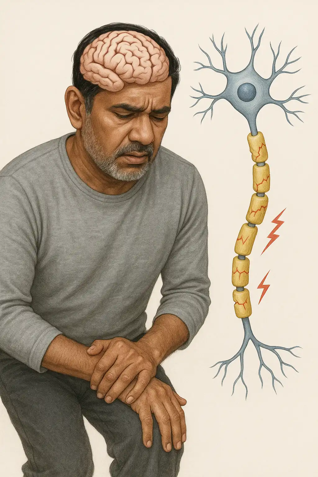 Illustration of a man with nerve-damage visuals beside him, representing muscle weakness and neurological symptoms linked to Multiple Sclerosis (MS).