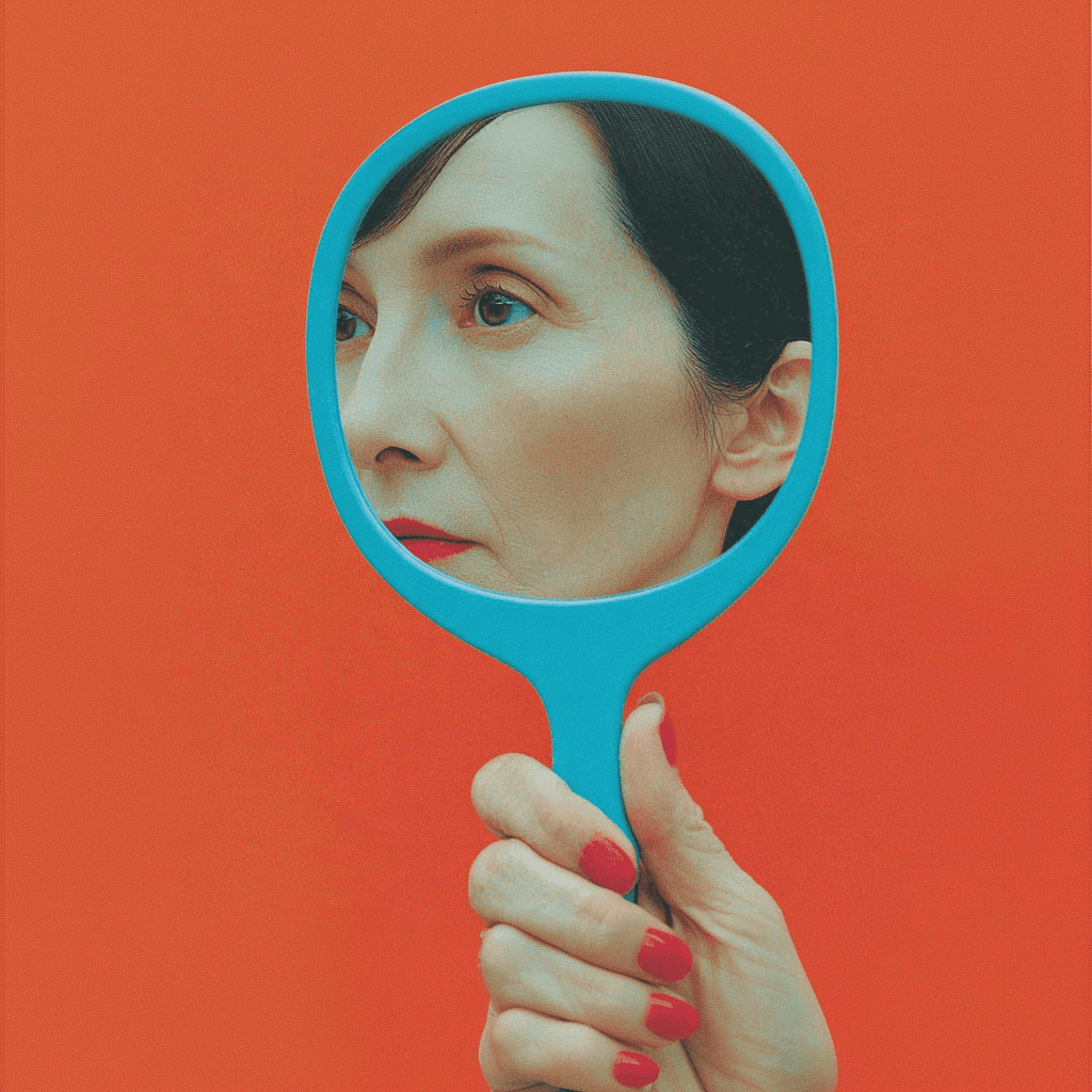 Woman holding a blue handheld mirror against a solid orange background