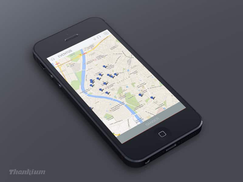 Teléfono inteligente mostrando un mapa de eventos en pantalla, apuntando lugares destacados.