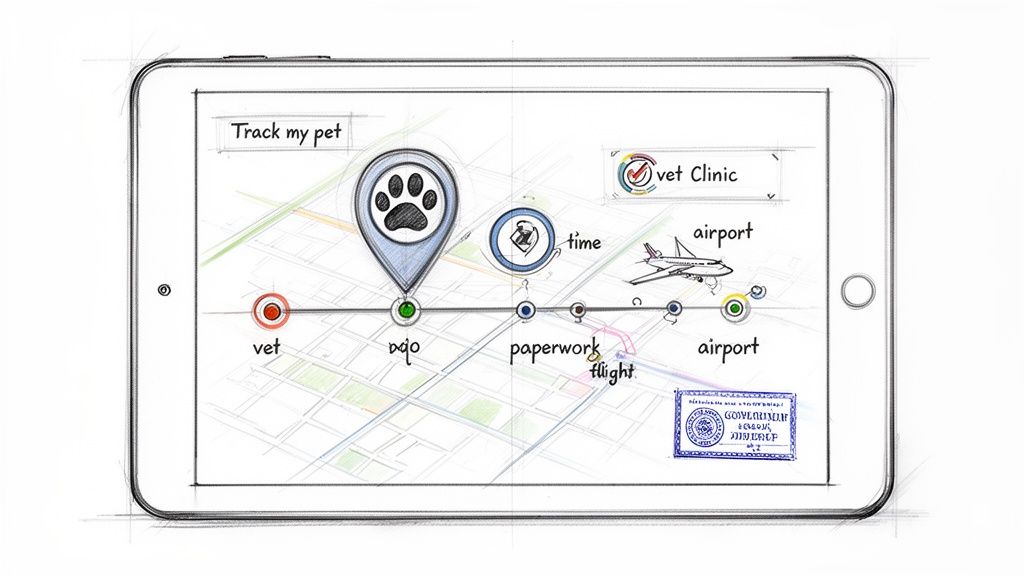 A sketch of a tablet displaying a map-based timeline to track a pet's journey from vet to airport.