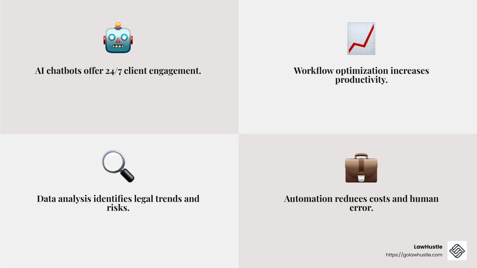 AI tools improve productivity and accuracy in legal tasks - AI-powered legal automation infographic 4_facts_emoji_grey