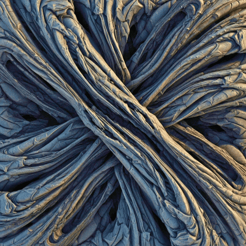 Render 3D detallado de una textura orgánica entrelazada con pliegues complejos y fluidos en tonos azulados, mostrando experimentación con materiales digitales.