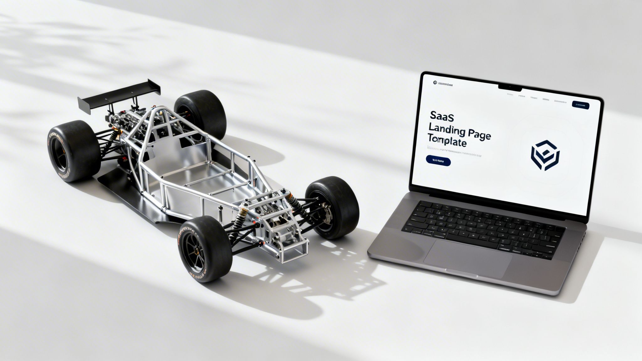 A miniature race car chassis model next to a laptop displaying a SaaS landing page template.
