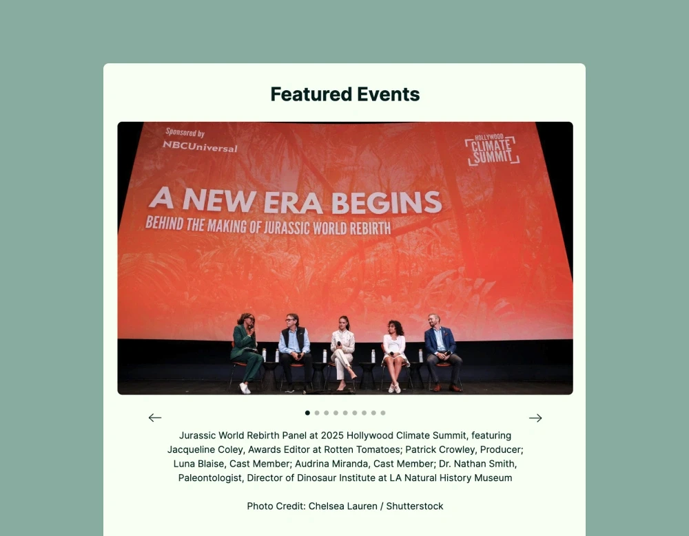 Gallery carousel UI showing an image of the 'Jurassic World Rebirth' panel at the 2025 Hollywood Climate Summit.