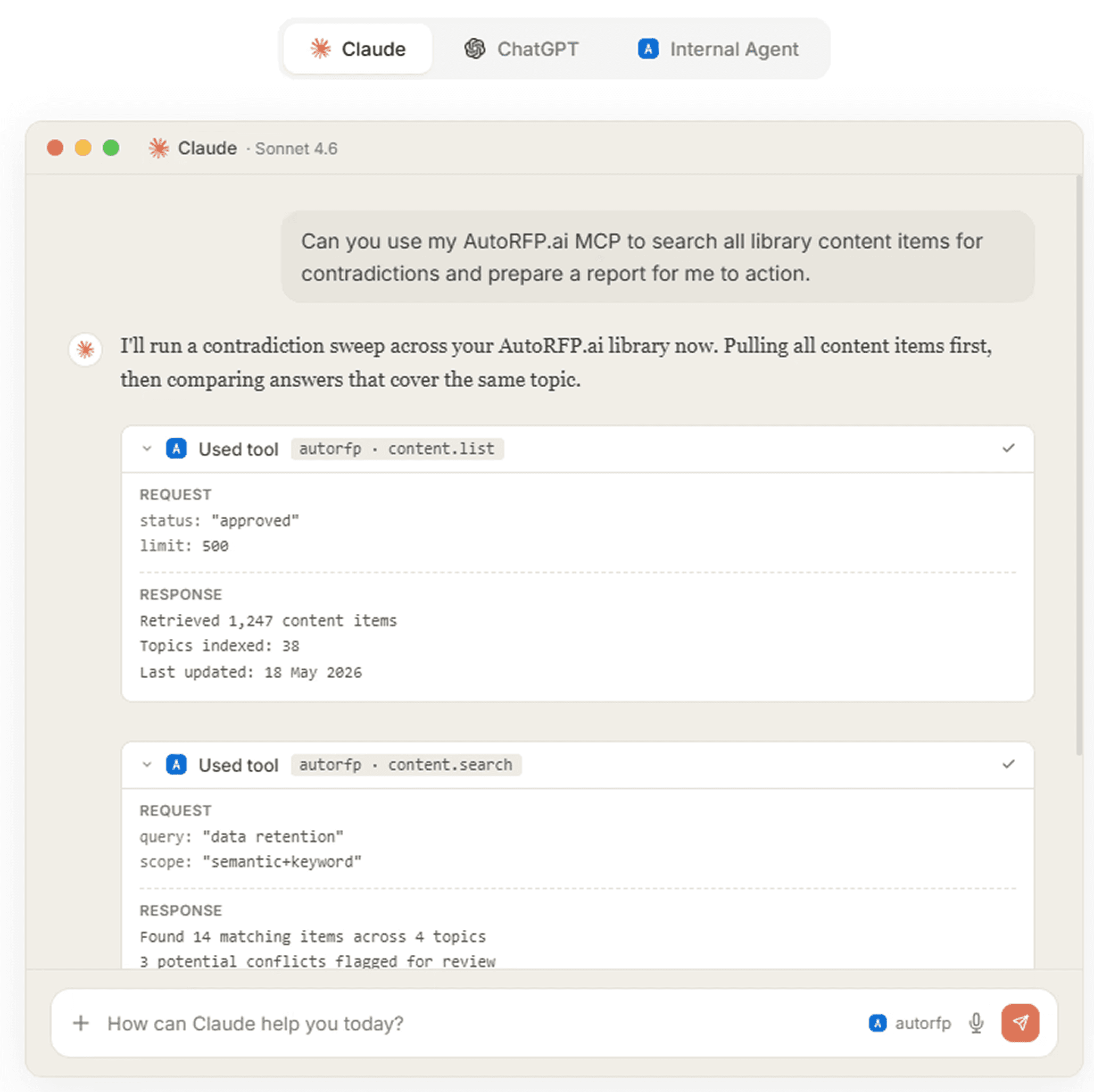 Claude using the AutoRFP.ai MCP connector to sweep the content library for contradictions across approved answers.