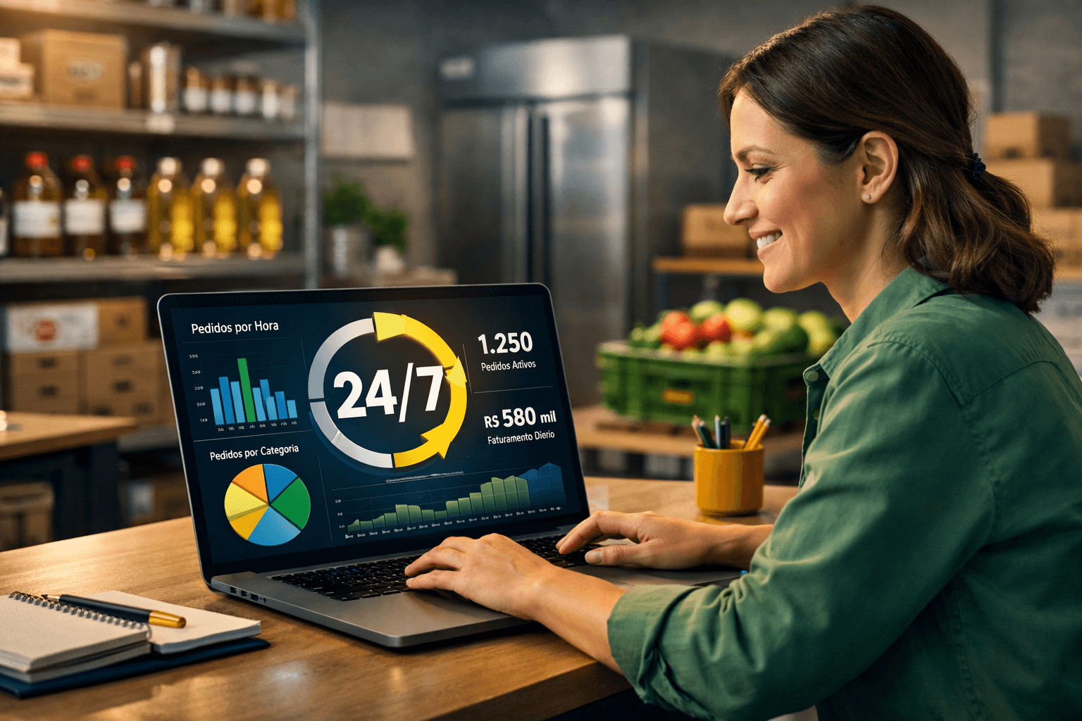 Mulher em escritorio de atacado foodservice analisando indicadores de pedidos em tempo real no notebook, com operacao digital de vendas rodando 24 horas por dia e foco em eficiencia comercial no B2B.