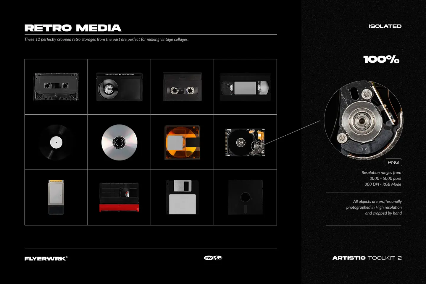 Artistic Toolkit 2 retro media objects including cassette vinyl CD and floppy disk