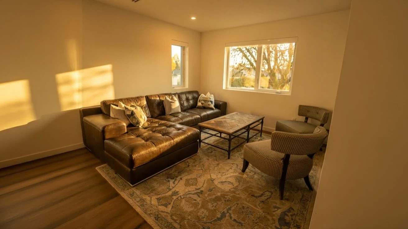 Bright open-concept living room in Vancouver custom home with comfortable leather sectional sofa, natural hardwood flooring, large windows, and warm natural lighting