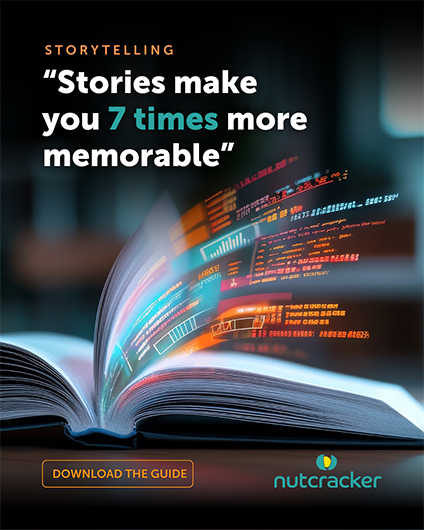 A book with digital pages symbolising storytelling in B@B content with the quote "stories make you 7 times more memorable"