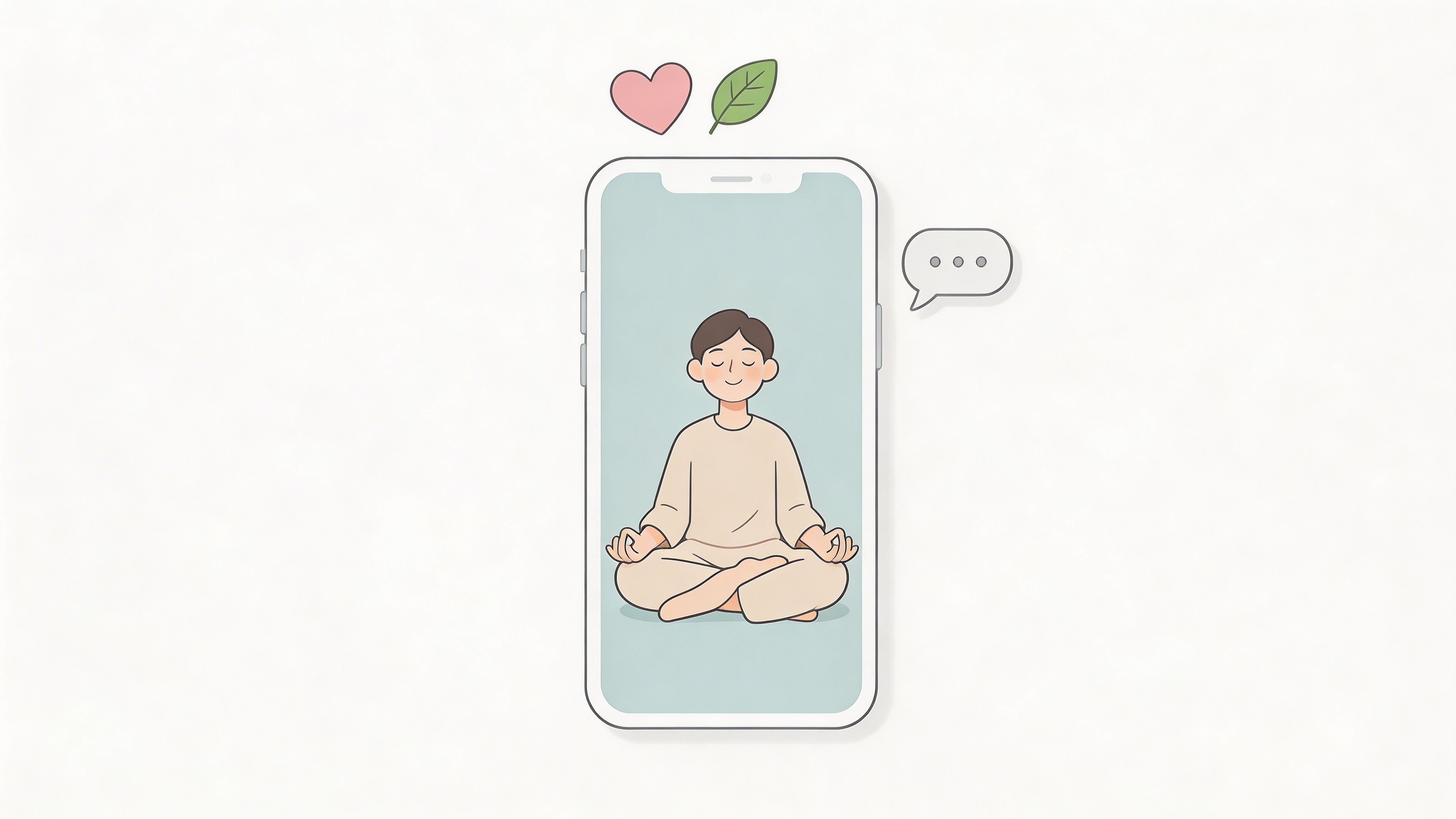 A smartphone screen showing a cartoon person meditating peacefully with a heart and leaf icon above