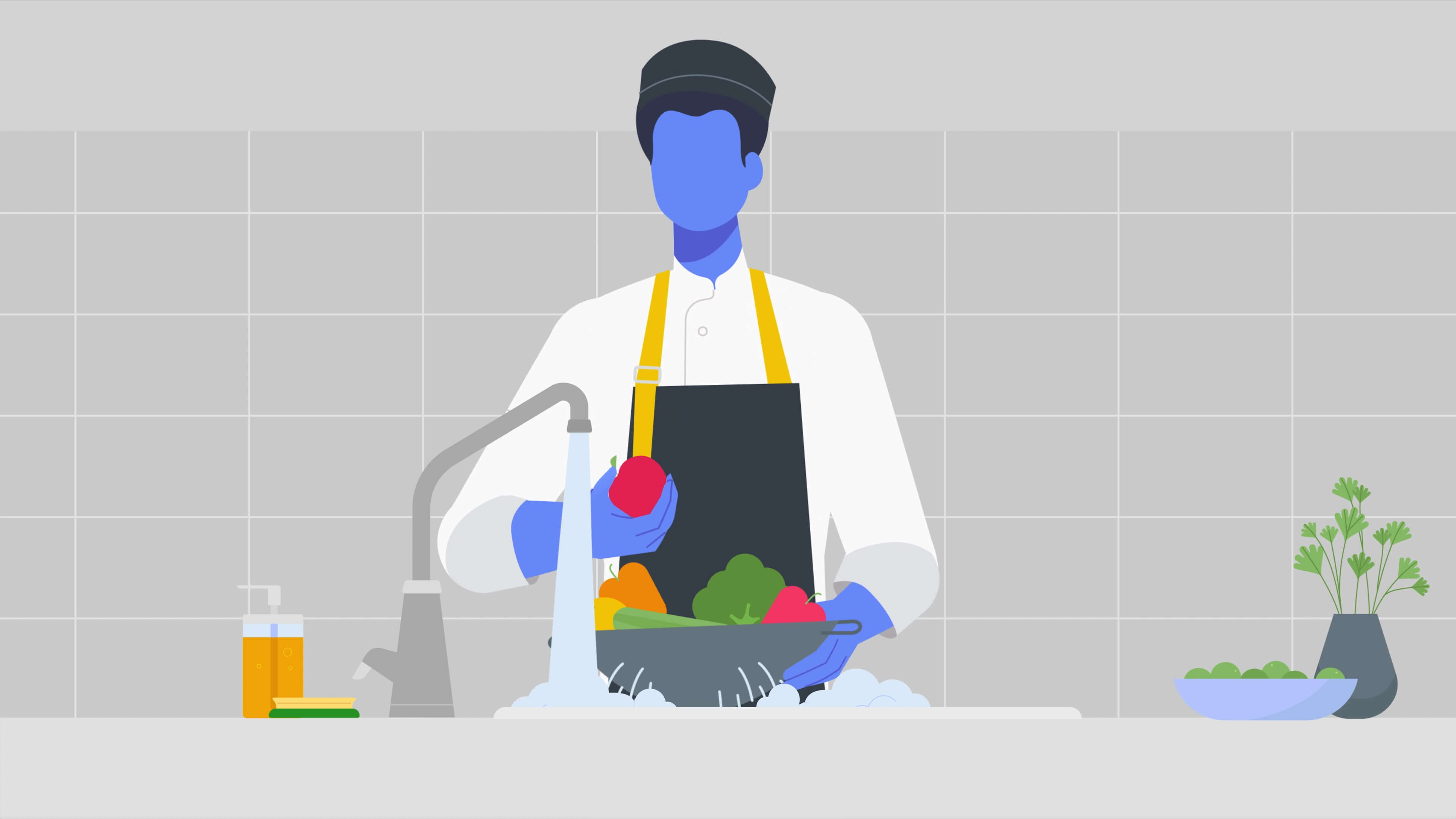 The stylized and simplified male figure working in a hotel kitchen, washing and vegetables on the kitchen sink 