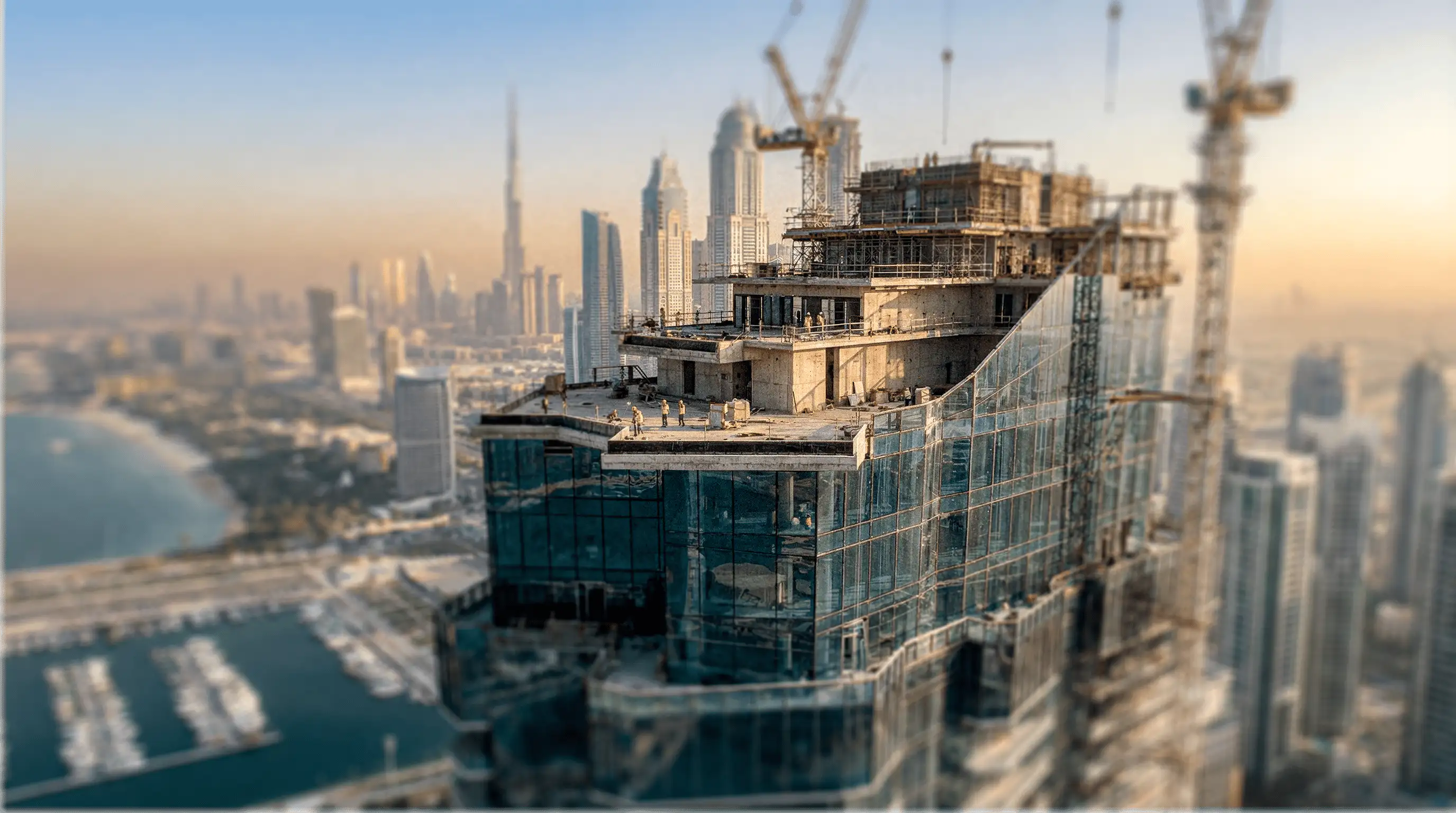 Edificio en construcción en Dubái con grúas y el skyline de la ciudad al fondo, representando inversión inmobiliaria en desarrollo.