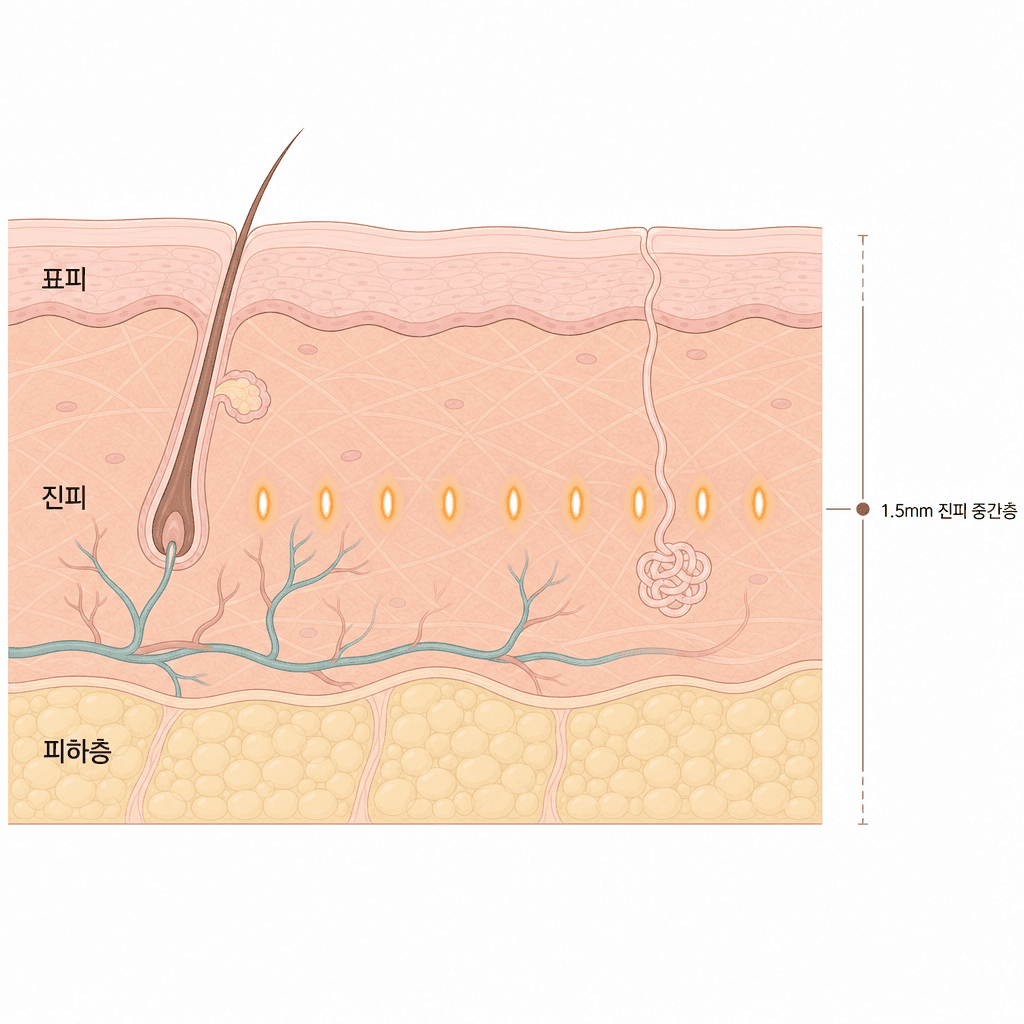 소프웨이브 초음파가 닿는 진피 중간층(약 1.5mm)