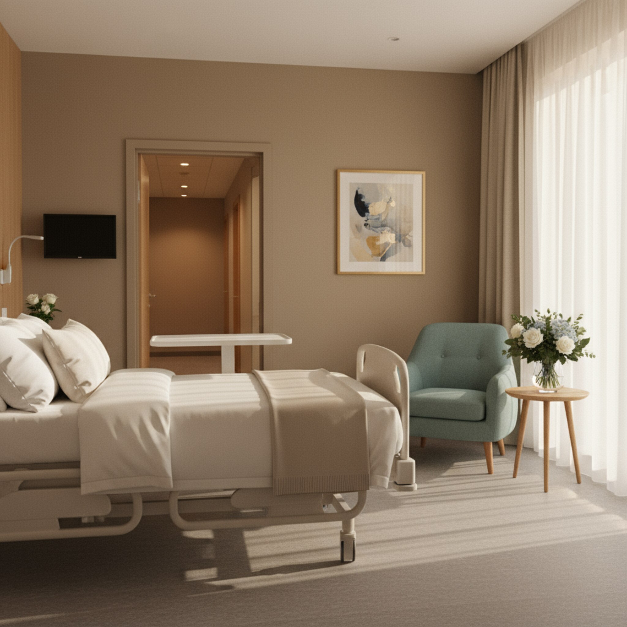 Ein großzügiges Einzelzimmer mit aufgeschlagener Tagesdecke und einem Sessel am Fenster. Ein dezenter Blumenstrauß steht auf dem Beistelltisch. Die Gardinen lassen warmes Licht herein, die Tür ist angelehnt. Alles wirkt vorbereitet für eine diskrete, ruhige Belegung.