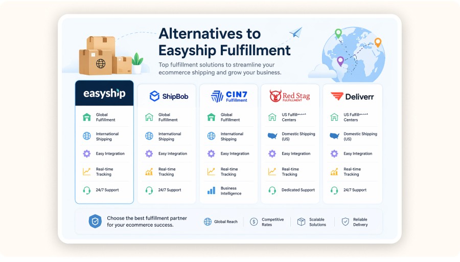 Infographic comparing Easyship and alternative ecommerce fulfillment platforms and features&nbsp;