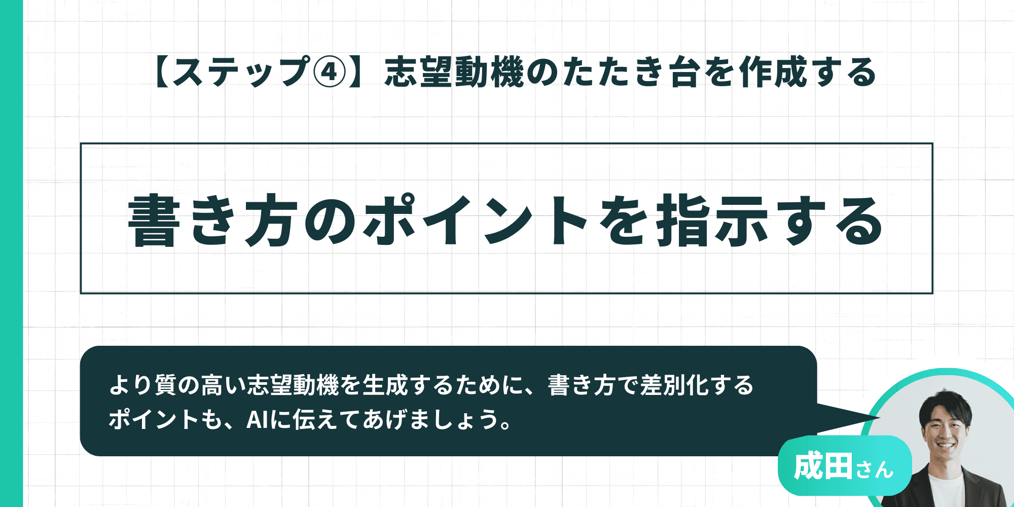 【ステップ4】より質の高い志望動機を生成するために、AIに対して書き方や差別化のポイントを指示することを勧めるスライド