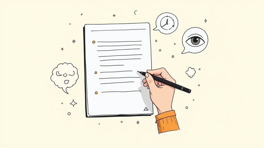 Hand writing on paper document with speech bubbles showing clock and eye symbols