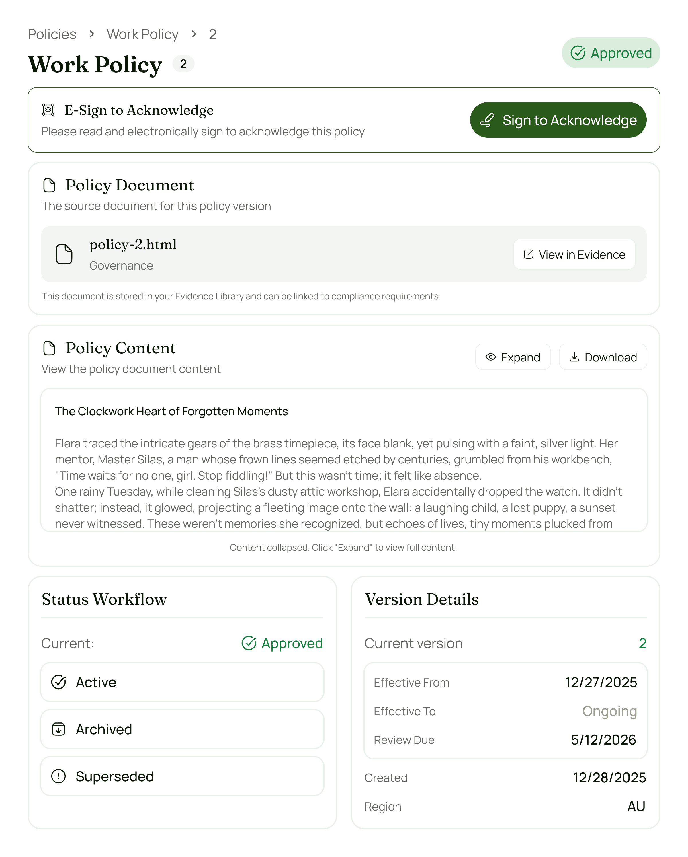 Compliance summary panel displaying task status, progress tracking, and reporting overview for aged care standards