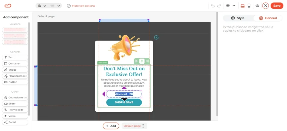 A screenshot of a drag-and-drop popup builder interface by Claspo. The workspace features a white popup with a yellow megaphone icon, an “exclusive 20% discount” offer, a highlighted promo code box, and a teal “SHOP & SAVE” button