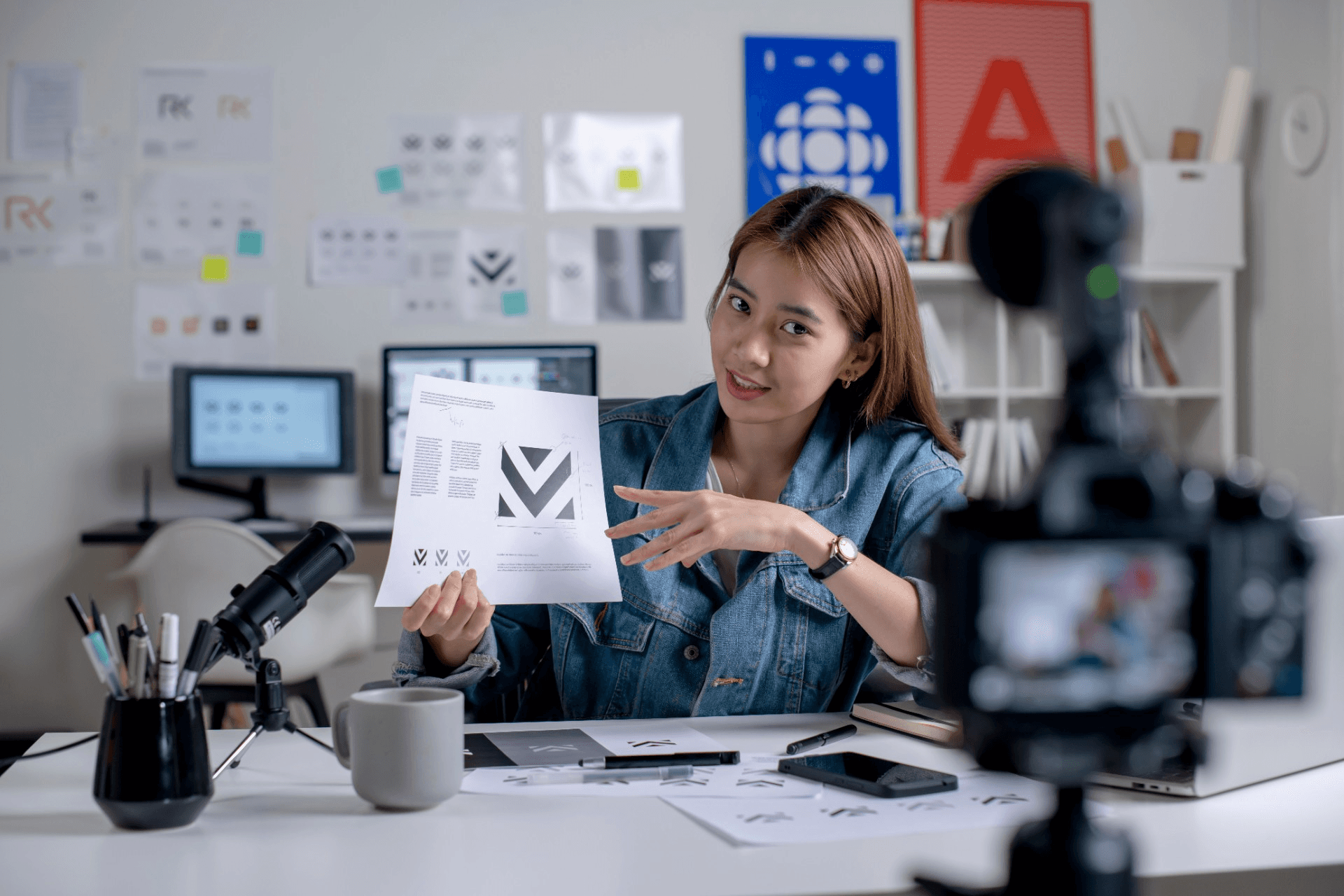 Woman presenting design logo on camera -  How Do I Repurpose My Interview to Social Media