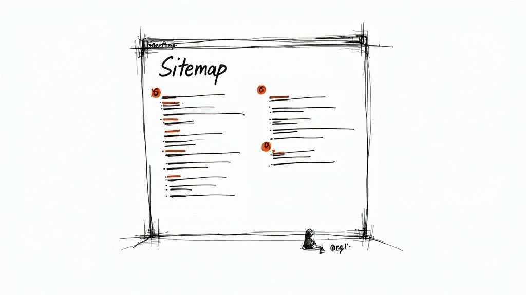 An illustration of a website layout with highlighted navigation paths, symbolizing an HTML sitemap's role in guiding users through a site.