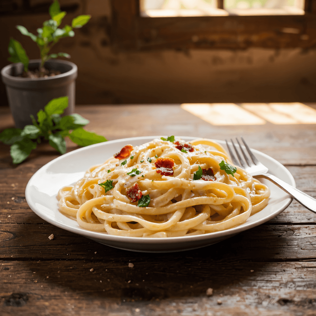 product photography of a plate of creamy pasta with bacon and herbs