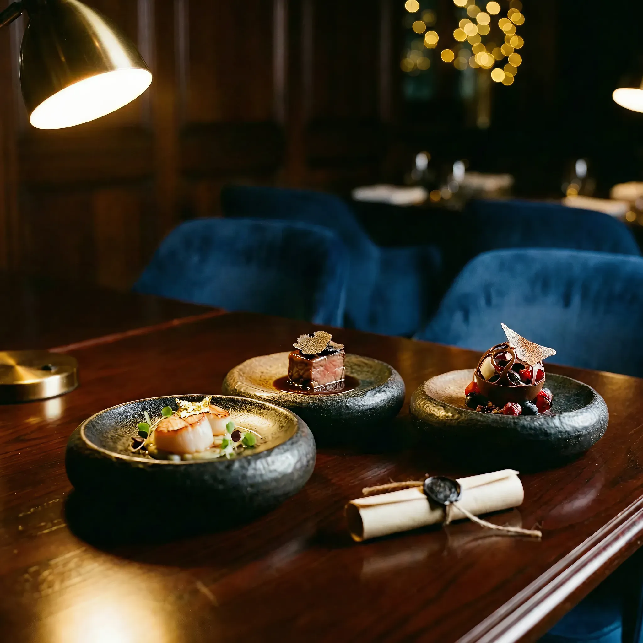 Gourmet dishes elegantly presented on stone plates under warm lamp light. Background features cozy, plush blue chairs and soft, golden bokeh lights.